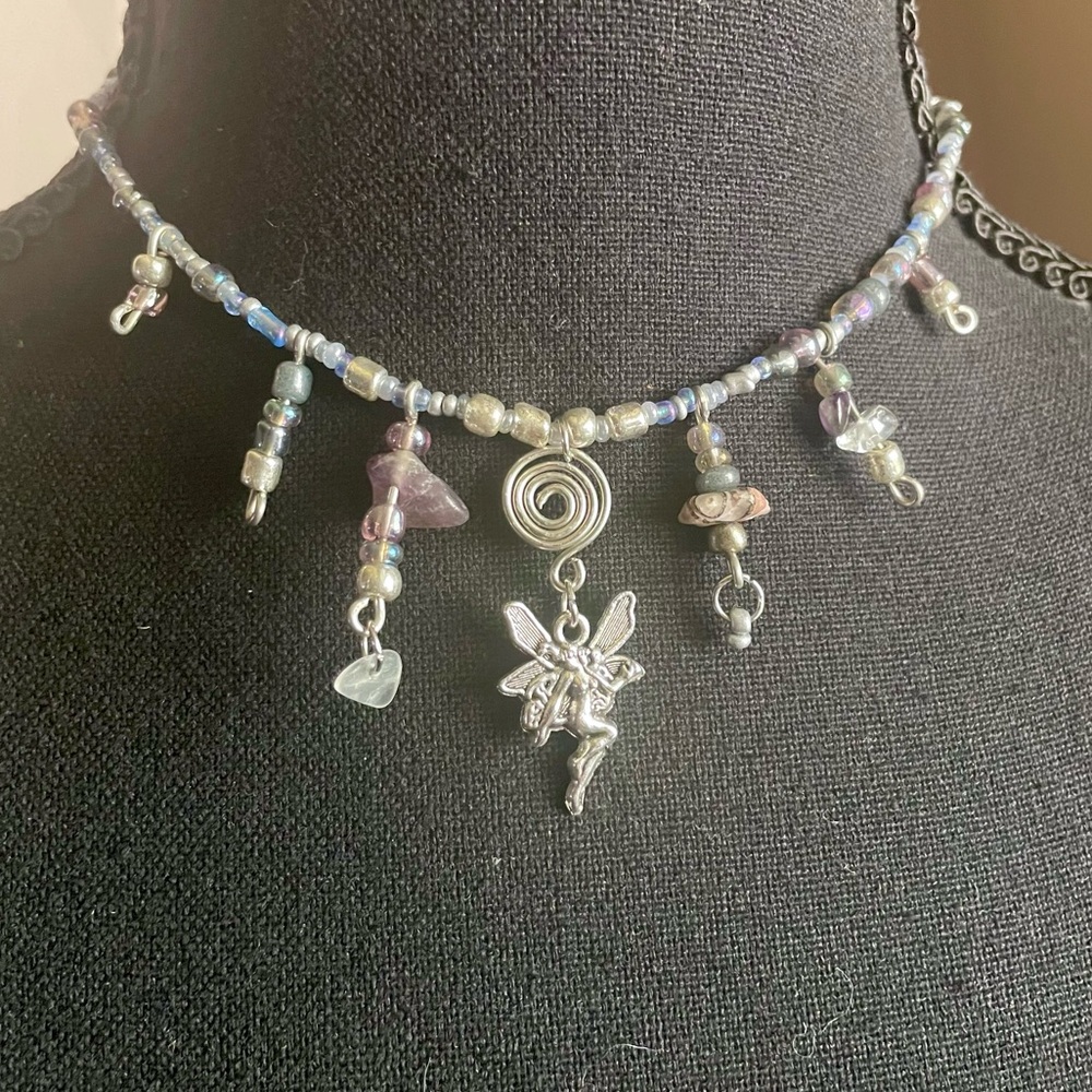 Fairy Charm Beaded Choker Necklace in Iridescent Blue-purple and silver tones